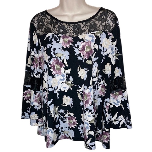 Ava James | Floral Print Bell Sleeve Top L - Picture 1 of 5